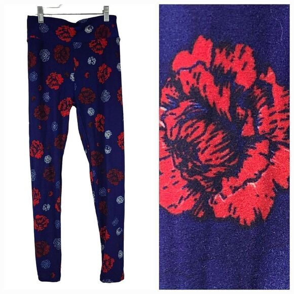 LuLaRoe Navy Floral One Size (2-10) Butter Soft Legging Red White Stretch Pants - Picture 1 of 8